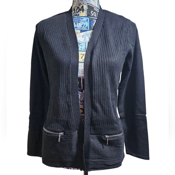 NEW Roz & Ali Open Black Rib Knit Women's Blazer Cardigan PM Medium Petite - Picture 1 of 10